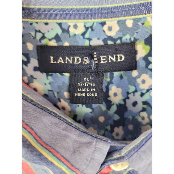 Lands End Men's Striped Button Up Shirt with Floral Flip Cuff Blue Salmon Sz XL - Picture 4 of 10